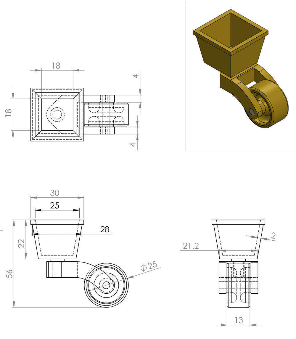 Castor Square Cup aus Messing mit Gummireifen