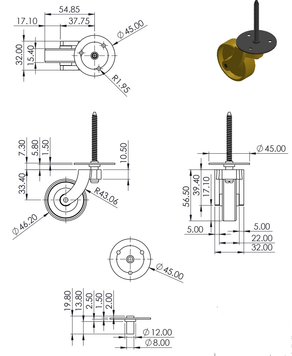 Brass Screw Castor with Round Embellisher