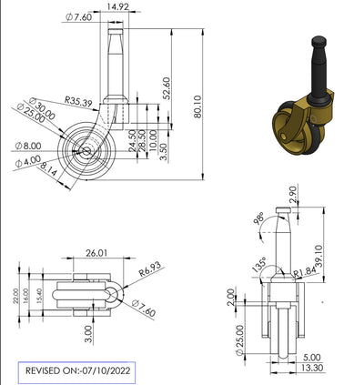 Brass Castor Grip Neck with Rubber Tyre and Socket