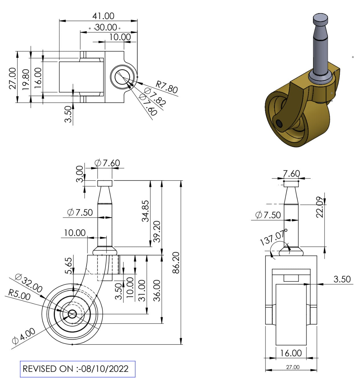 Brass Castor Grip Neck with Socket